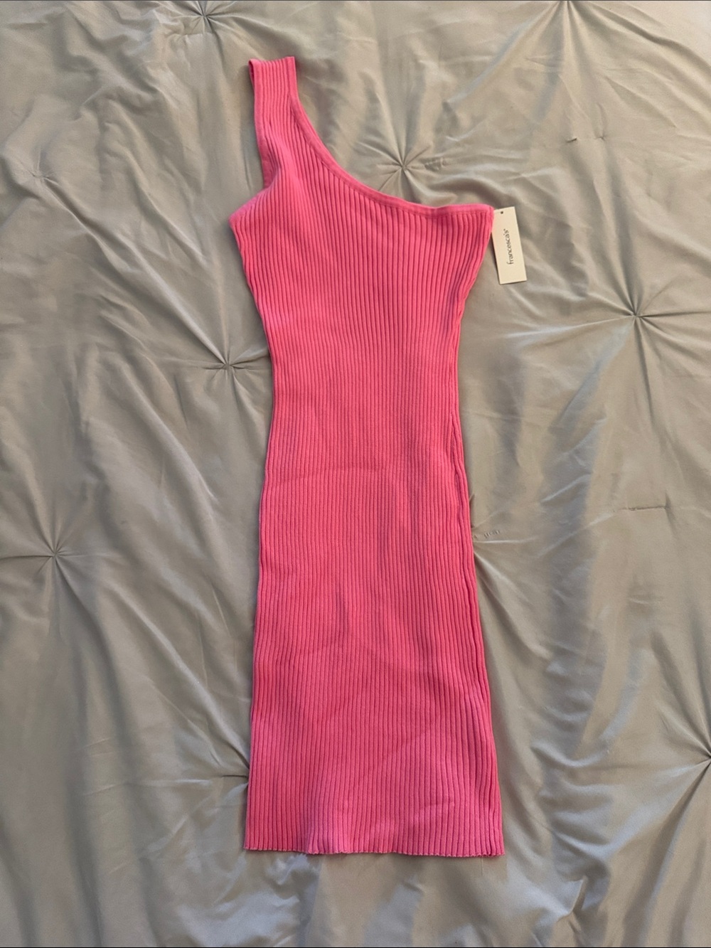 Francesca's Collections One-Shoulder Ribbed Midi Dress in Hot Pink